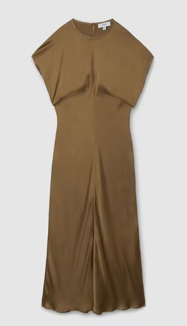 Branded Khaki Satin Short Sleeve Midi Dress - Size 10