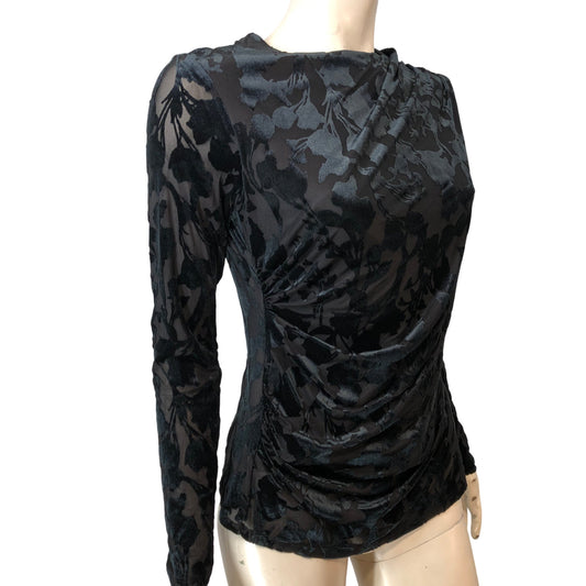 River Island Black Floral Velvet Top UK10 Women's Long Sleeve Elegant Style