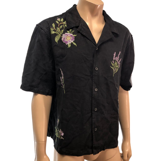 River Island Floral Embroidered Casual Shirt Black Short Sleeve Size Large