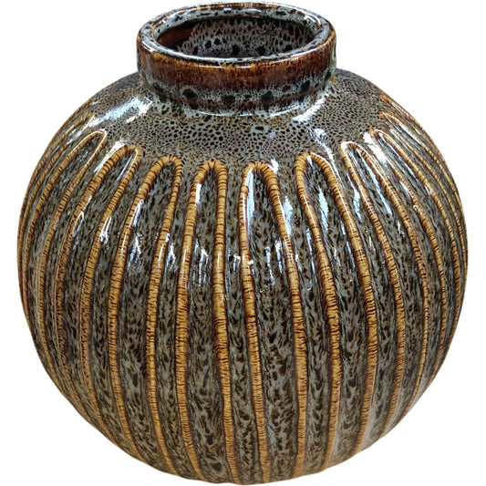 Decorative Glazed Ceramic Vase Round Shape Textured Design 9"