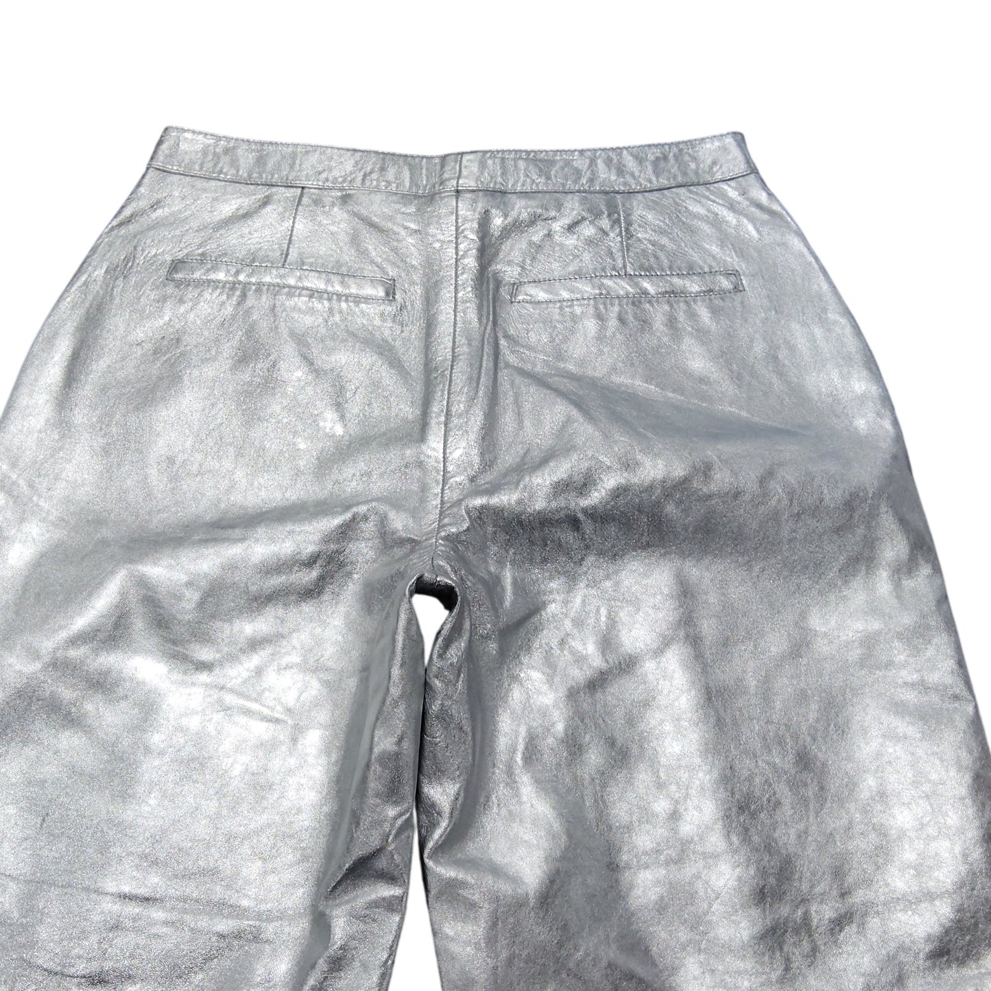 Stylish Metallic Silver Trousers UK12 Women's High Waist Flared Trousers