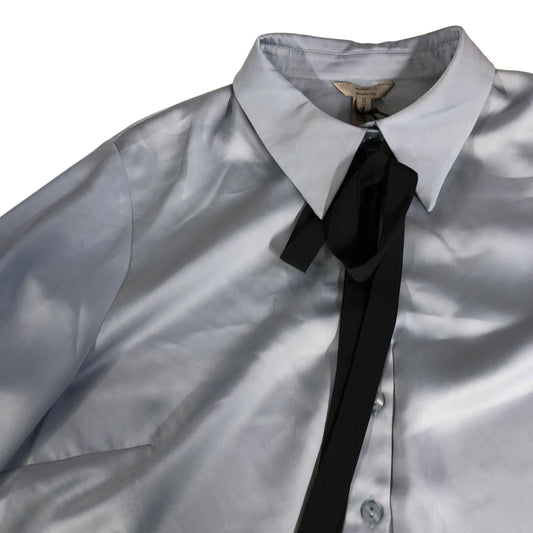 River Island UK12 Women's Blouse Slate Blue Satin Button Up Shirt with Tie