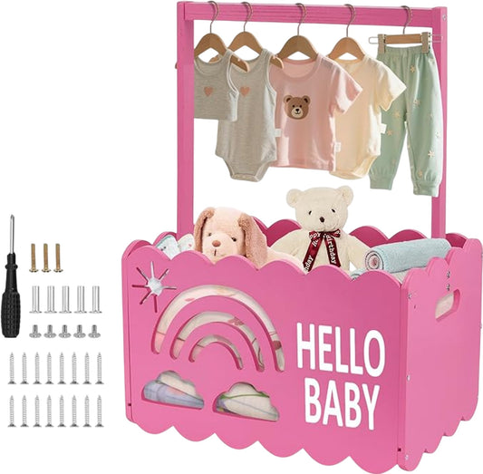 Baby Shower Pink Wooden Storage Basket With Rainbow And Stickers