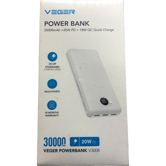 Veger Power Bank V3008 30000mAh Portable Quick Charge USB Type C Multi Ports