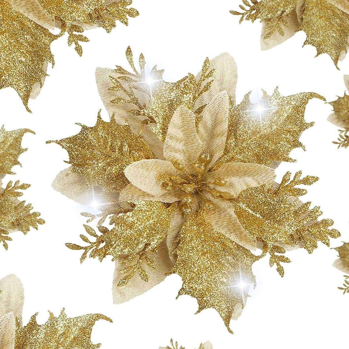 Christmas Gold Glitter Poinsettia Decorations Pack of 12