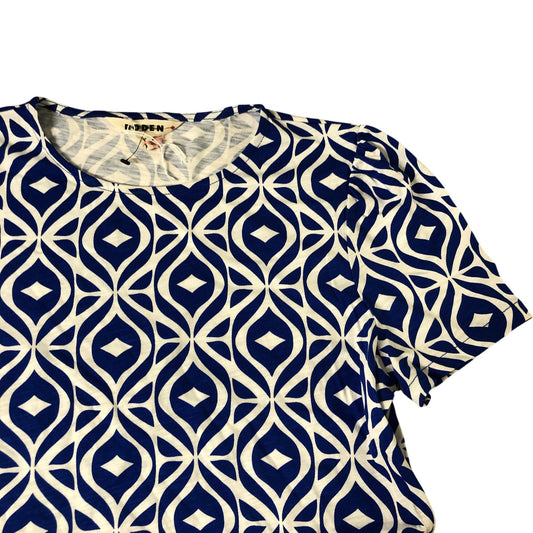 Boden Stolen Patterned Midi Dress Size 12 Women's Short Sleeve Blue White