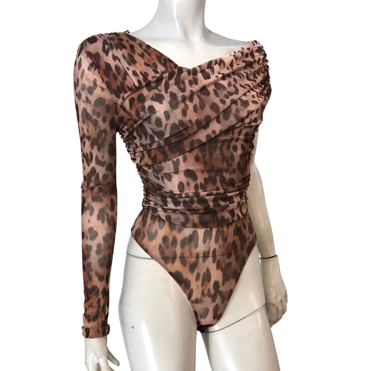 River Island Brown Leopard Print Bodysuit UK8 Women's One Sleeve Ruched Top
