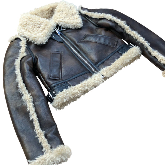 River Island Shearling Brown Aviator Jacket Women's Faux Fur Trim