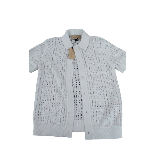 RIVER ISLAND Men's Short Sleeve Knitted T-Shirt Medium White Crochet Design