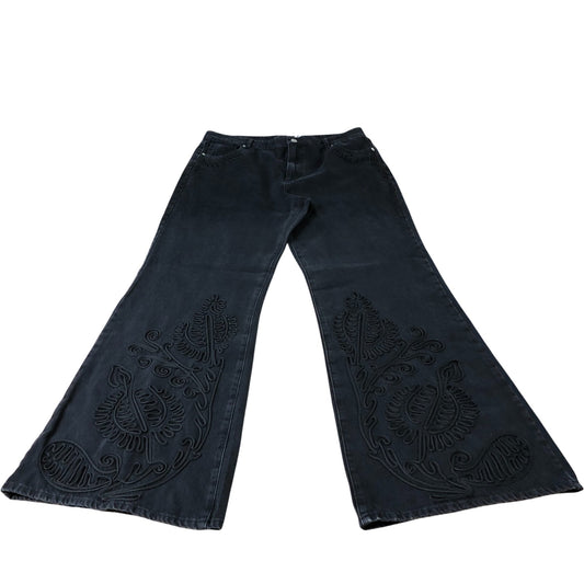 Branded Black Embroidered Wide Leg Jeans - Size 16L
