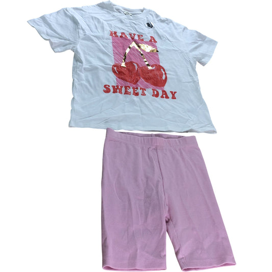 River Island Cherry Have A Sweet Day T Shirt And Pink Shorts Set UK7-8 Years