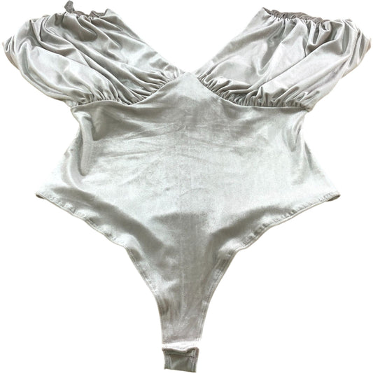 River Island Puff Sleeve Bodysuit UK16 Velvet Shiny Metallic Beige V Neck