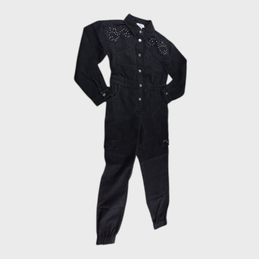River Island GIRLS Black Denim Jumpsuit Studded Long Sleeve