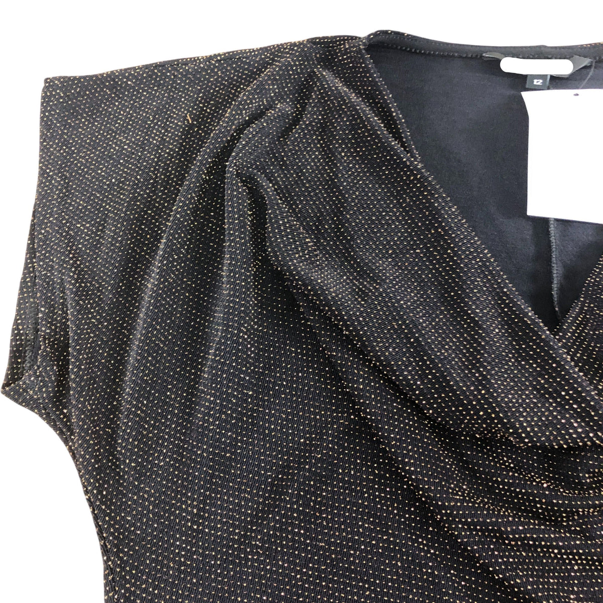 UK12 Women's Black Sparkly Cowl Neck Short Sleeve Top