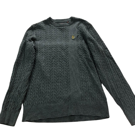 Luke 100% Cotton Crew Neck Jumper Mens Grey Cable Knit Size Large
