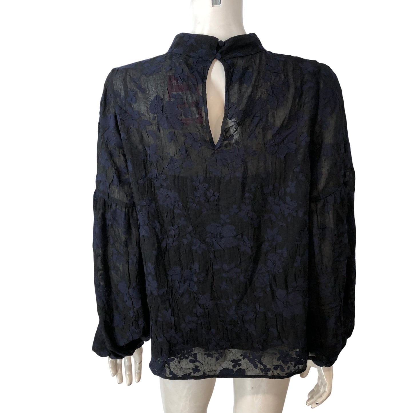 Floral Pattern Blouse Women's Sheer Long Sleeve Size 12 Dark Blue Top