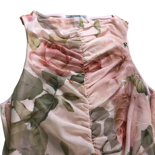 River Island Beige Mesh Floral Ruched Bodycon Midi Dress - Size 6