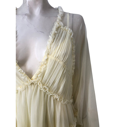 River Island UK14 Women's Yellow Boho Ruffle Mini Dress Long Sleeve 70s Style