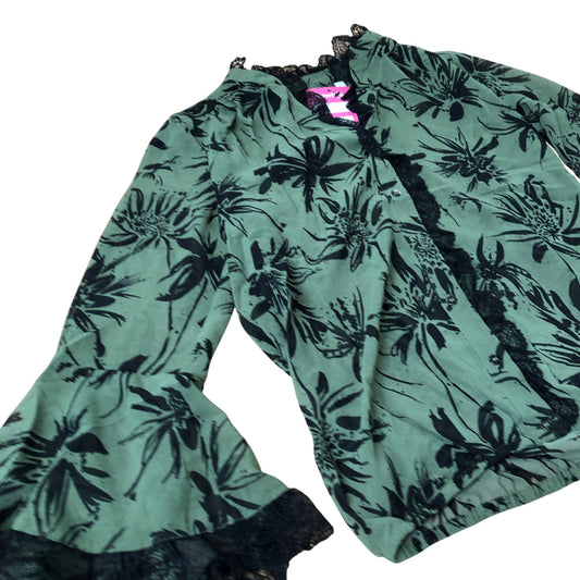 Branded Green Floral Lace Trim Blouse Women's Casual Long Sleeve Top UK6
