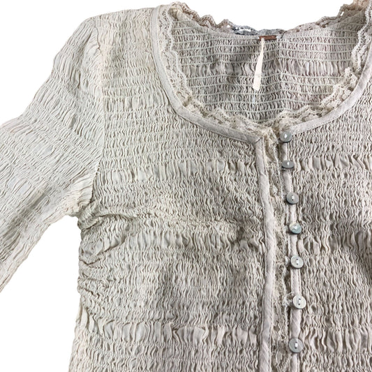Women's Beige Smocked Long Sleeve Blouse Frill Details