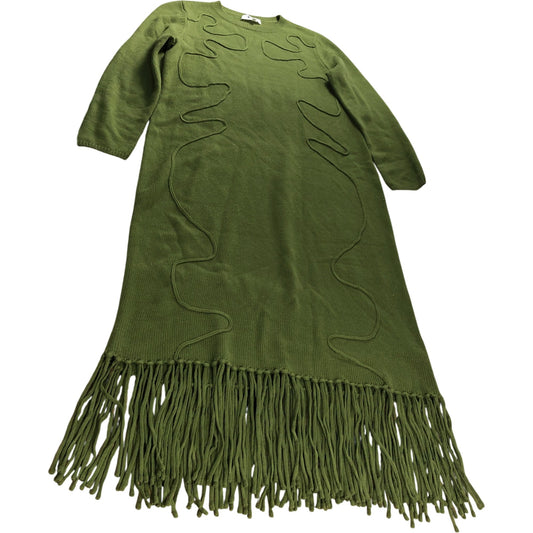 Branded Khaki Green Knitted Fringed Midi Dress - Size 12-14