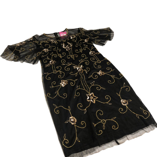 Women's Black Floral Beaded Embroidered Dress Short Sleeve UK14