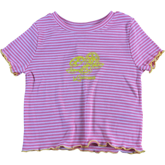 RIVER ISLAND Girls Lemon Print Top UK5-6yrs Pink Striped Short Sleeve Ruffle