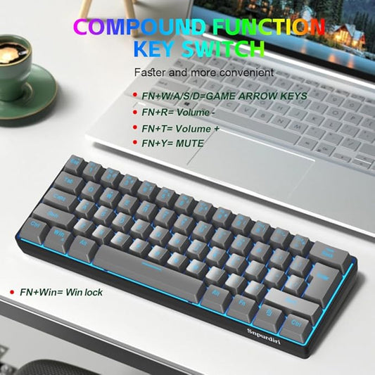 Snpurdiri 60% Percent Gaming Keyboard Wired Compact, 61 Keys Iron Grey
