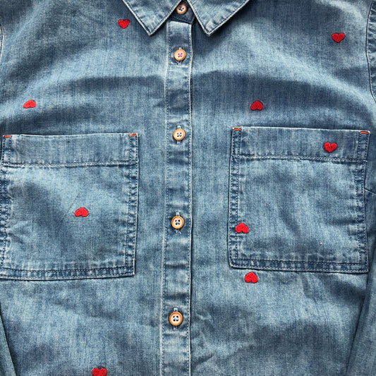 Long Sleeve Denim Shirt With Red Heart Embroidery UK Size 6