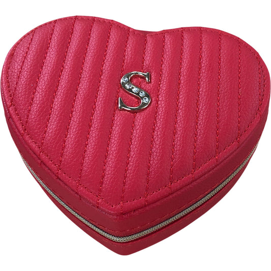 Heart Shaped Red Travel Jewellery Box With Letter S Design Velvet Lined