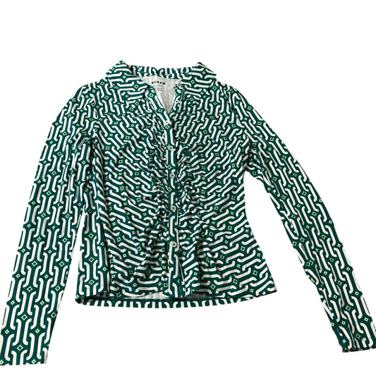 Green Patterned Blouse Women's Button Front Long Sleeve UK12