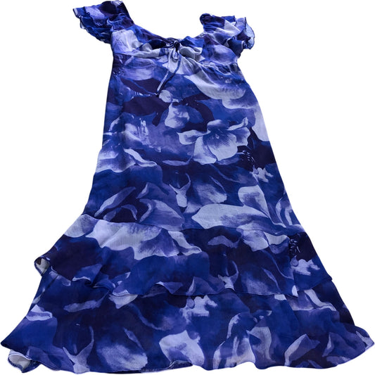 Women's Purple UK14 Floral Print Dress with Ruffled Sleeves