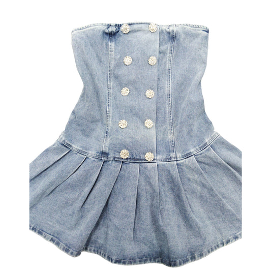 River Island Denim Dress UK10 Women's Flared Skirt Button Detail Blue