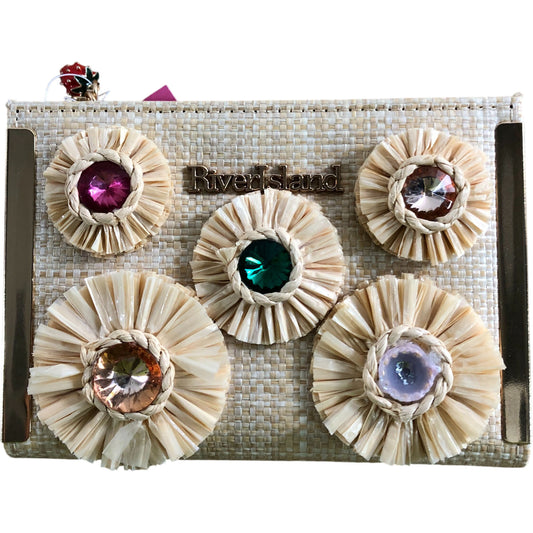 River Island Beige Raffia Gem Flower Purse