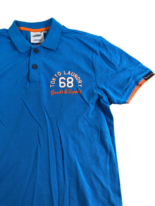 TOKYO LAUNDRY 68 Polo Shirt M Men's Blue Cotton Orange Detail