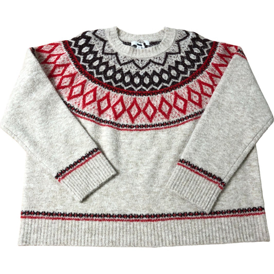 Wool Blend Knitted Sweater UK16 Women's Warm Fair Isle Pattern Cream Red