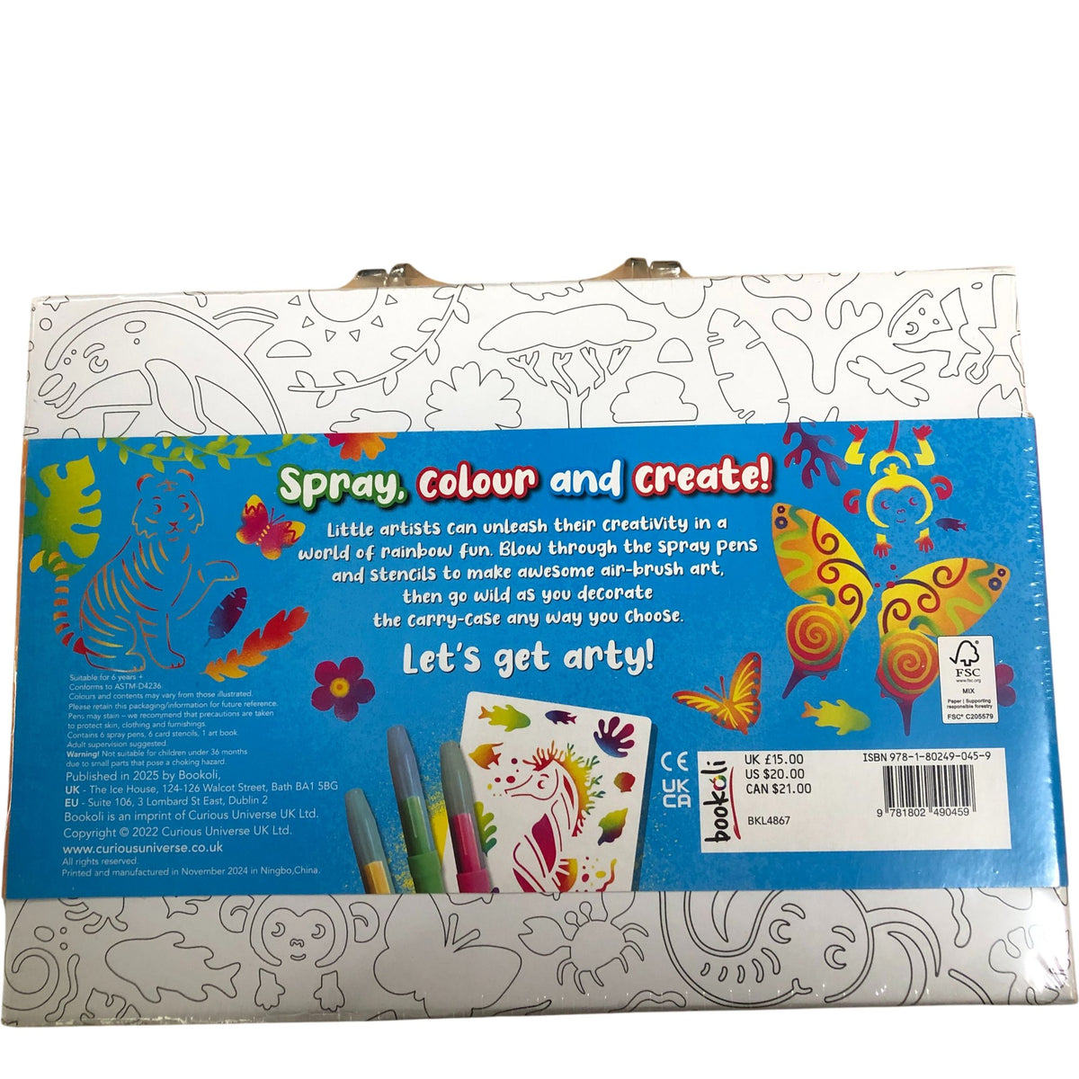 Spray Pen Art Activity Case 6 Spray Pens 6 Stencils 32 Page Colouring Book