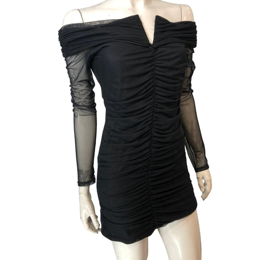 River Island Black Off Shoulder Ruched Dress UK16 Women's V Neck Elegant