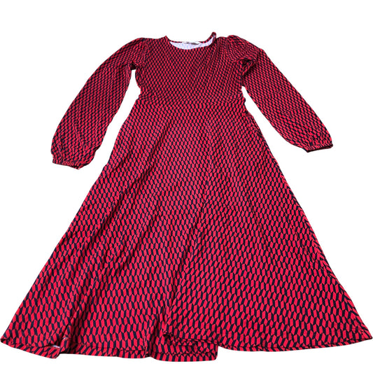 Red Geometric Pattern Dress Women's Long Sleeve Swing Design UK4