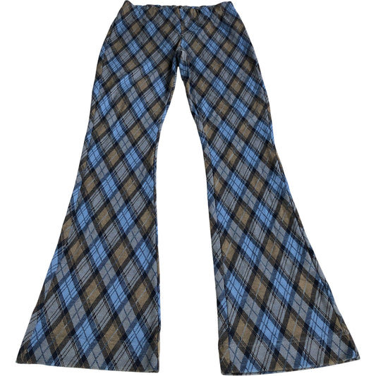 Blue Brown Check Trousers Women's Stretchy Flared