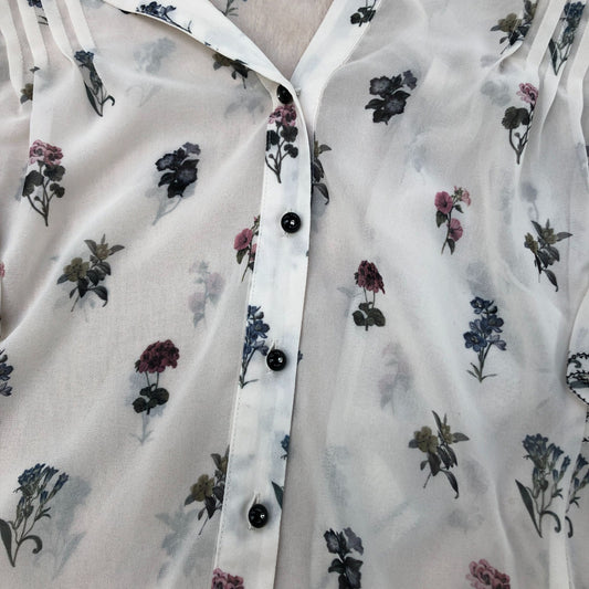 River Island Floral Blouse UK10 Women's Sheer Ruffle Long Sleeve White