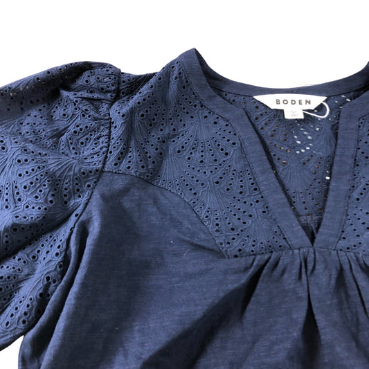Navy Embroidered Puff Sleeve Top - Size 10