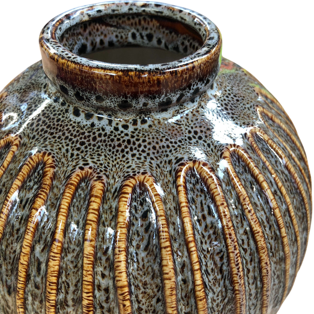 Decorative Glazed Ceramic Vase Round Shape Textured Design 9"