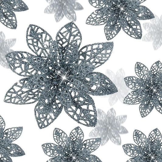 Glitter Poinsettia Christmas Ornaments Silver 3/4/6" 24 Piece Bundle