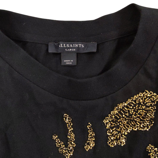AllSaints Large Women's Black T-Shirt with Gold Animal Print Design
