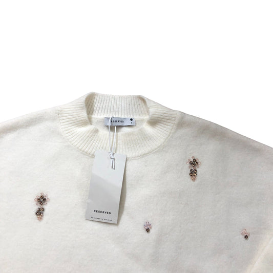 Reserved Embroidered Sweater Size S Women's White Knit Jumper Wool Blend