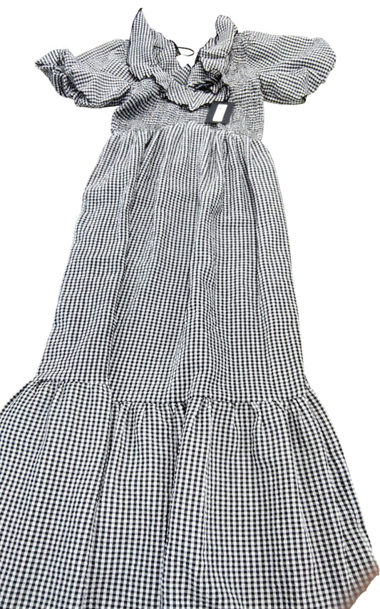 River Island Women's Black And White Gingham Maxi Dress With Ruffle Sleeves UK 6