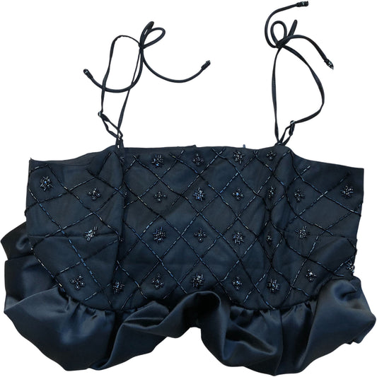 River Island Beaded Crop Top Black Quilted Design Ruffled Hem