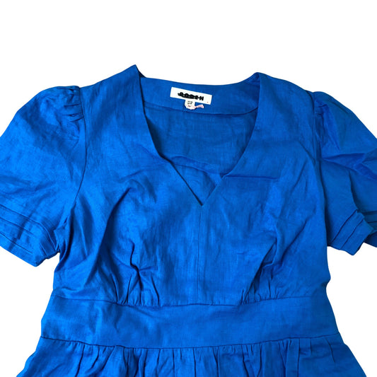 Women's Blue Linen Dress Short Sleeve V Neck Summer Style UK12