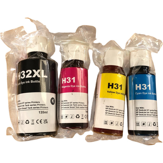 H32XL H31 Ink Bottle Set 4 Pack Black Magenta Yellow Cyan New Kit